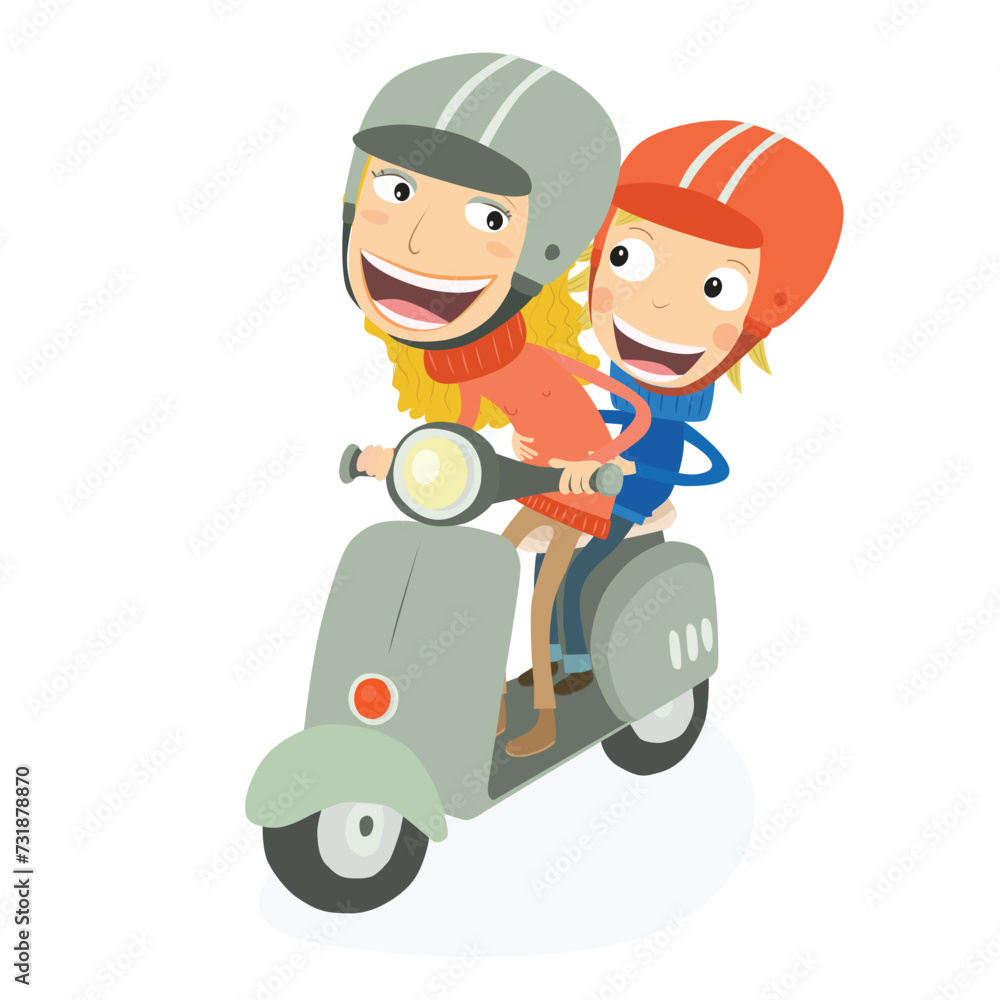 Blonde girl and blonde boy driving a scooter. Vector Illustration.