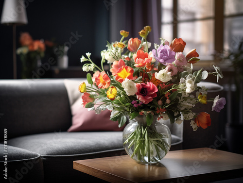 Vibrant colorful flower bouquet in a vase on a table in a living room © MS Creative Group