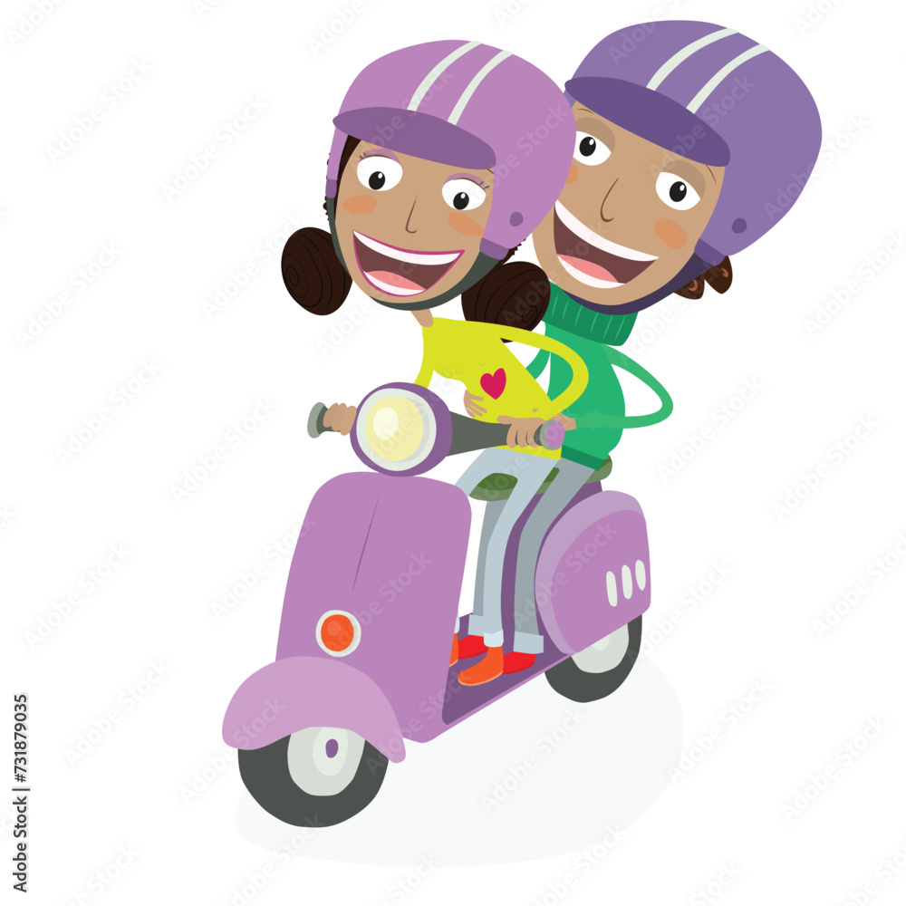 Funny girl and funny boy driving a scooter. Vector Illustration. Funny girl and funny boy driving a scooter. Vector Illustration.