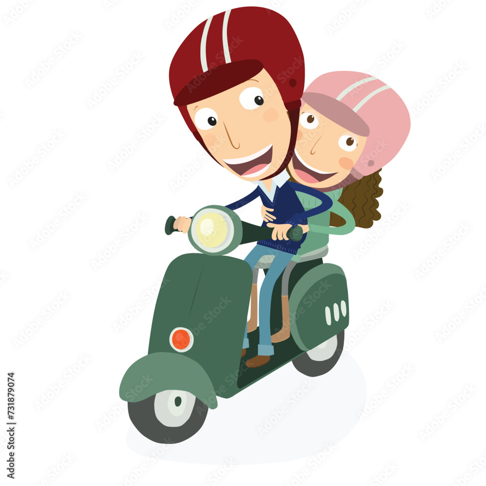 Man and little girl driving a scooter. Vector Illustration.