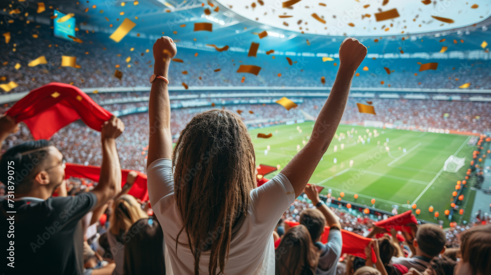 crowded sports stadium with a vibrant atmosphere, where spectators are holding up red scarves and yellow confetti is flying in the air