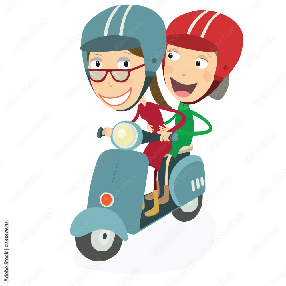 Woman and senior woman driving a scooter. Vector Illustration. Woman and senior woman driving a scooter. Vector Illustration.