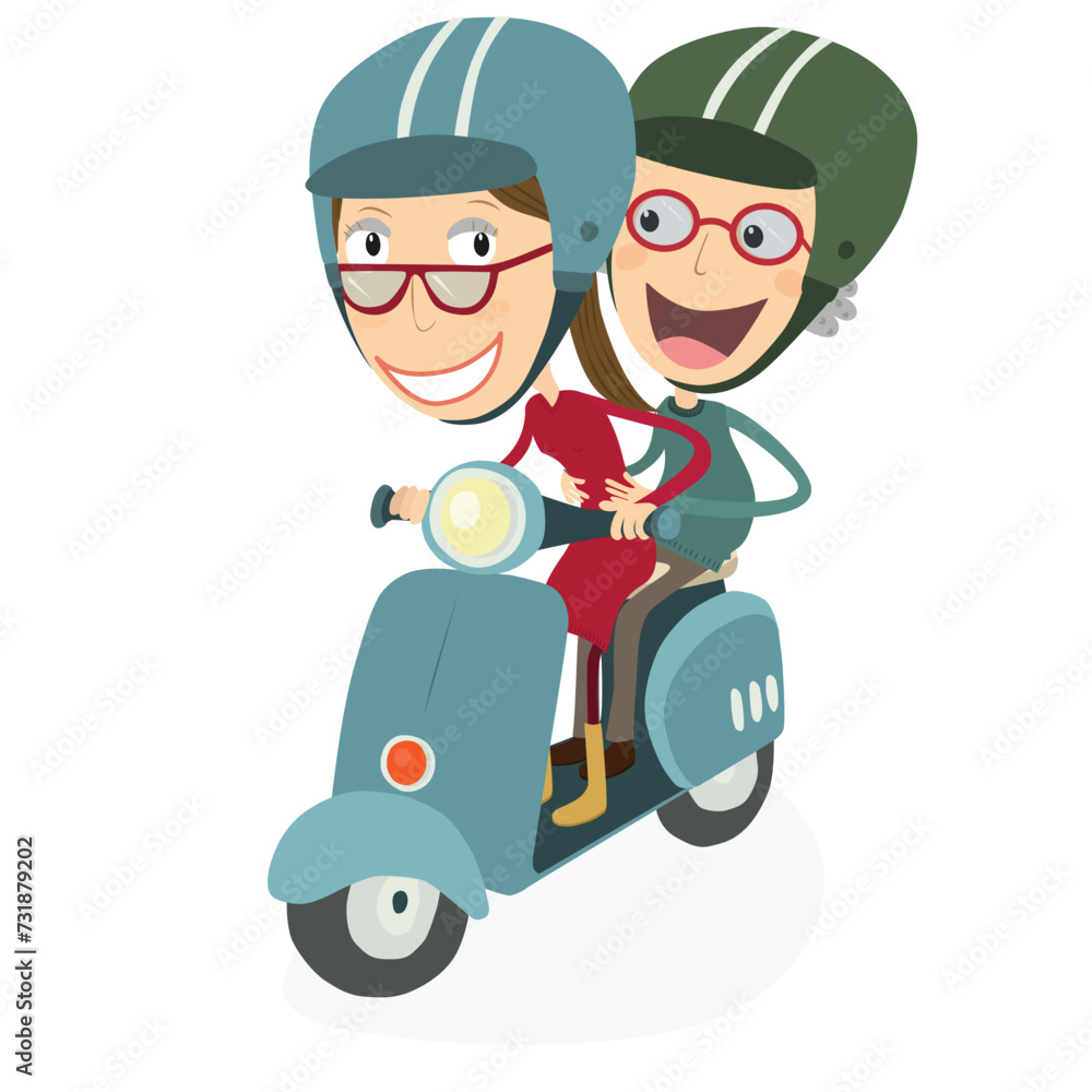 Woman and senior man driving a scooter. Vector Illustration. Woman and senior man driving a scooter. Vector Illustration.