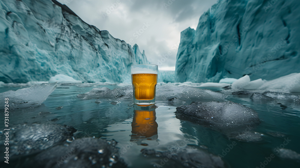 Cinematic wide angle photograph of a beer pint glass in a glacier. Product photography. Advertising. - obrazy, fototapety, plakaty 