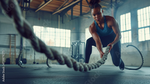 An athletic woman is vigorously exercising with battle ropes in a gym, focused and determined in her strength training routine. photo