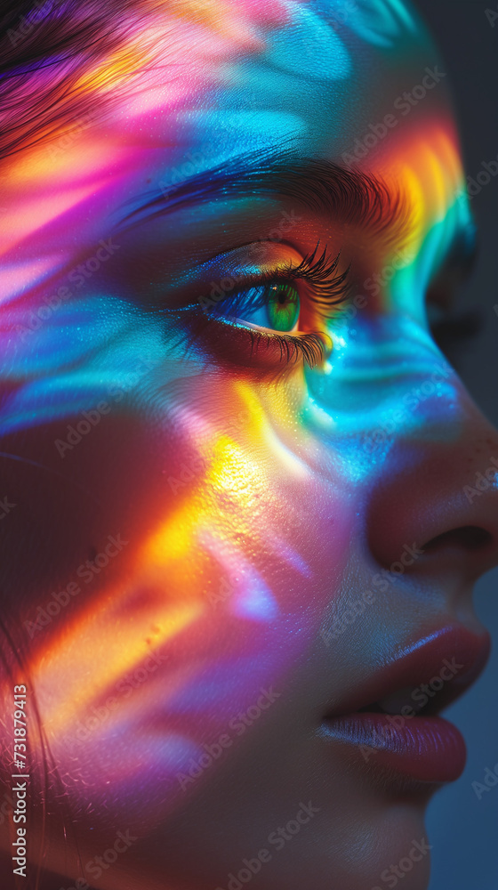 Lady with colorful reflections on her face, in the style of radiant neon patterns. Rainbowcore. Close up 
