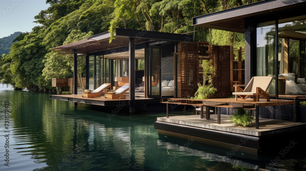 Luxury room, built on the lake with the holiday sun loungers Luxury room, built on the lake with the holiday sun loungers
