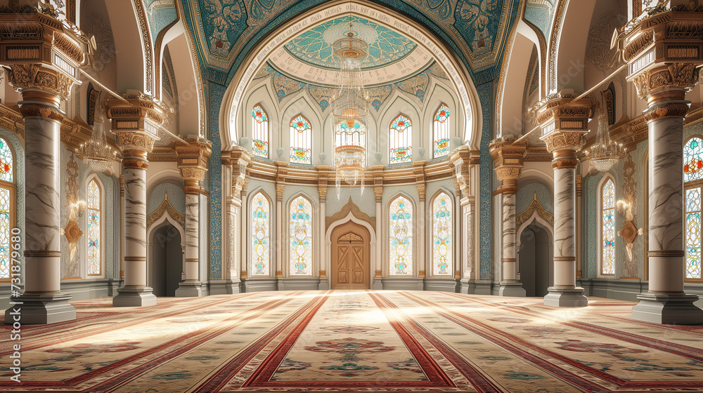  Empty Interior of Masjid (Mosque) as Ramadan and Eid 2024 Background Illustration.