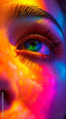 Woman's eye in rainbow light, in the style of neon realism. Album covers. Close up. Rainbowcore. 