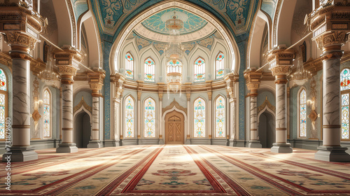  Empty Interior of Masjid (Mosque) as Ramadan and Eid 2024 Background Illustration.