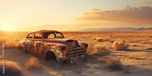 Abandoned vintage car in a desert landscape at sunset. © ParinApril