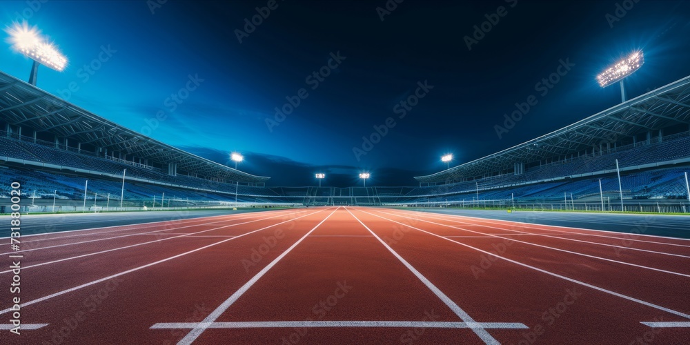 Empty sports stadium with a running track under the night sky. Empty sports stadium with a running track under the night sky.
