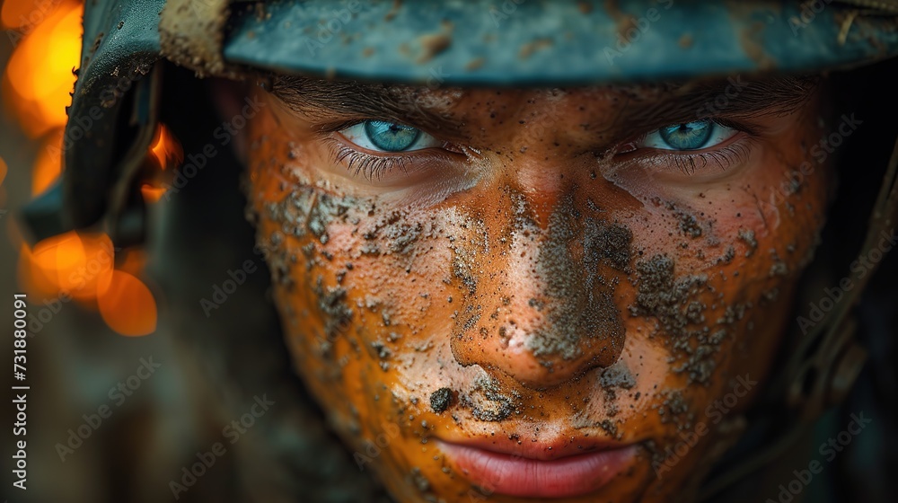Soldier. The dirty face of a soldier at war