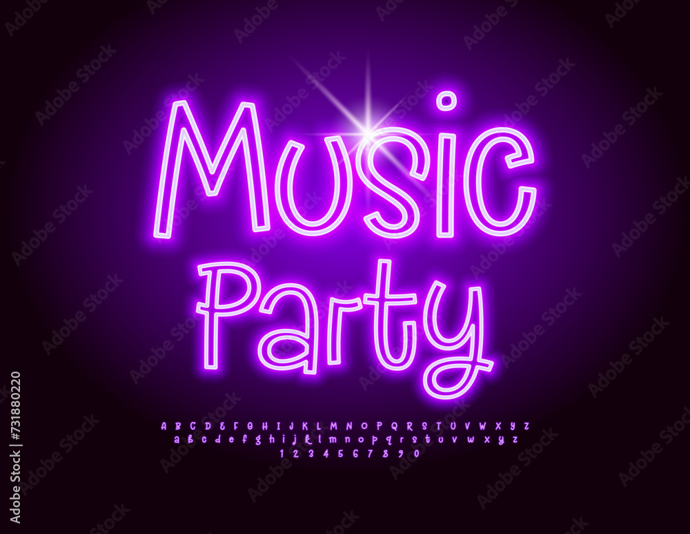 Obraz premium Vector funny advertisement Music Party. Playful Neon Font. Trendy Alphabet Letters and Numbers set.