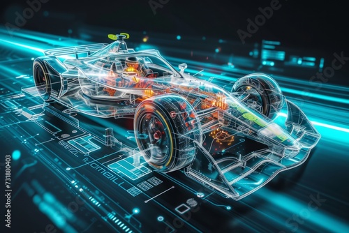 Conceptual image of a high tech electric race car with a transparent chassis. photo