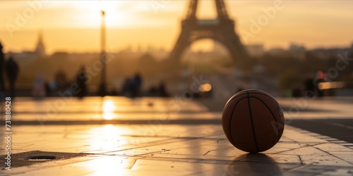 Basketball on the ground with the Eiffel Tower in the background during sunrise.
