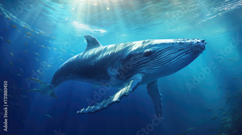 Humpback whale breaches the water's surface in a blue ocean with sunlight streaming on the water. © David