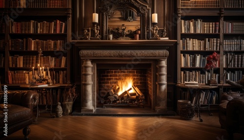 A room adorned with a fireplace and filled with numerous books waiting to be read.