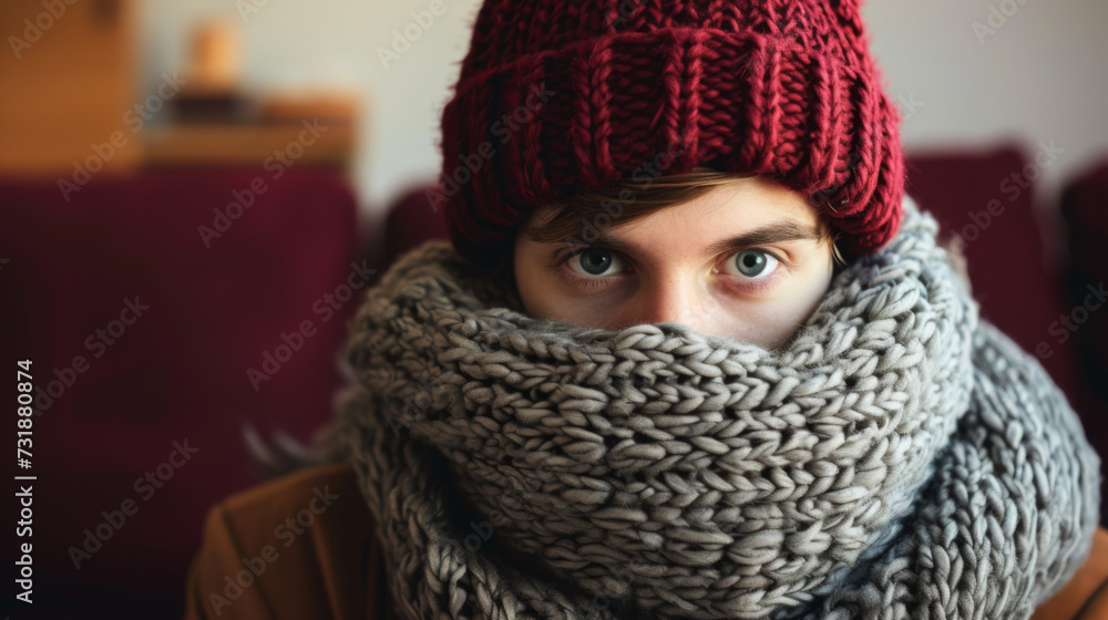 Close-up of a person's eyes peering out from a cozy, thick-knitted woolen scarf and a red knitted hat, wrapped up warmly in a textured winter fashion. Close-up of a person's eyes peering out from a cozy, thick-knitted woolen scarf and a red knitted hat, wrapped up warmly in a textured winter fashion.