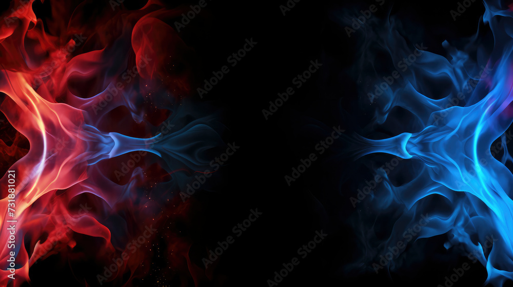Blue and red fire flames frame on black background. 