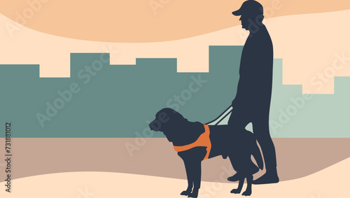 Blind man with a cane, guide dog, flat color illustration