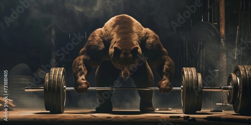 A muscular bear in a gym attempting to lift a heavy barbell. photo
