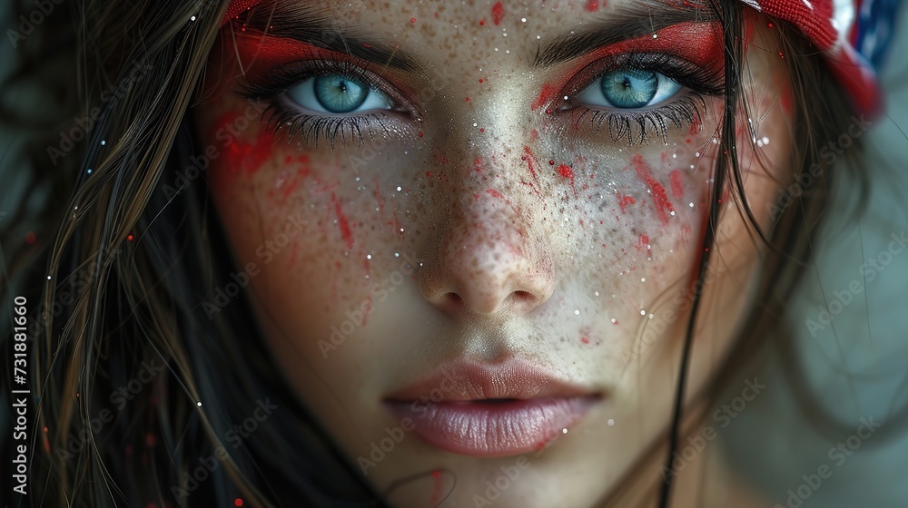 American woman. A face in the colors of the American flag