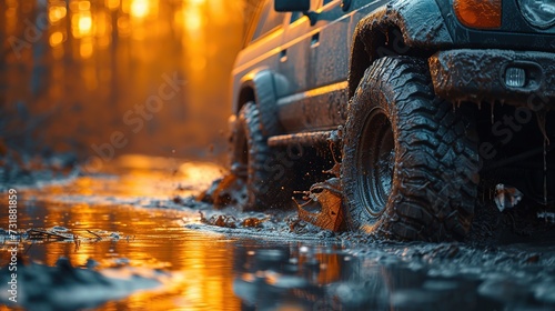 dirty car wheel stuck in the swamp with heavy splashes close up