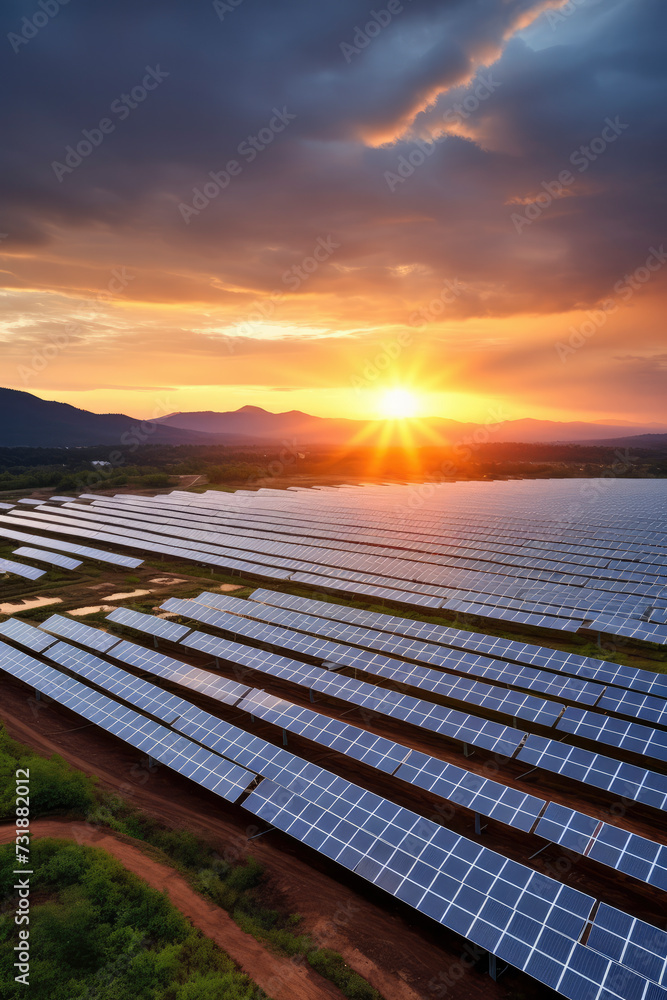 Renewable Energy Harvest: Aerial view of a solar farm at sunset, blending technology with nature. Clean, green, and sustainable. The synergy of industry and environment captured in one frame.