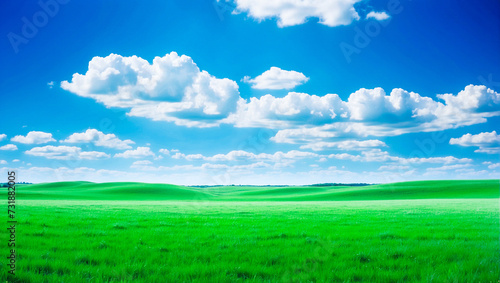 meadow  grassland  landscape agriculture lawn  field   sky  cloud   flower  nature  spring Background image of a vast green field under a bright blue sky. bright green grass Receives light well The ba