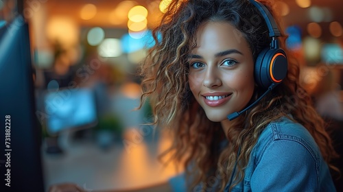 Female customer support agent with wireless headset sitting at her workspace