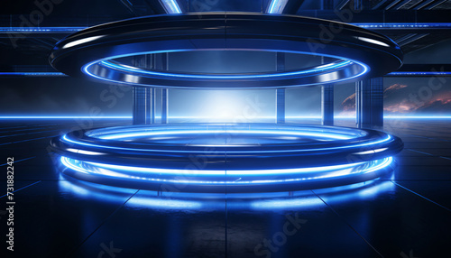 Futuristic background or presentation area stage for product or marketing message. Blue highlights, space theme, command center, digital room, room in a space shuttle. Science fiction background.