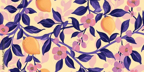 Vibrant hand-painted floral and fruit lemon seamless pattern with colorful blooms flowers and fruits  bright floral background. Botanical wallpaper.