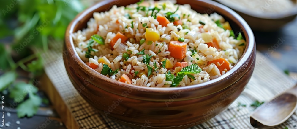 A wooden bowl on a table filled with a dish made of rice, vegetables, and fine herbs, showcasing staple food in cuisine with fresh produce and coriander. A wooden bowl on a table filled with a dish made of rice, vegetables, and fine herbs, showcasing staple food in cuisine with fresh produce and coriander.