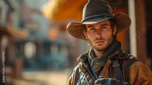 Handsome Cowboy Portrait: Western Charm in Cowboy City with Armed Outfit