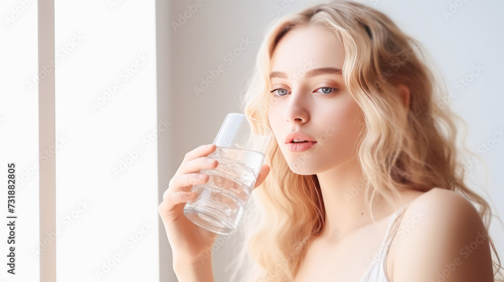 a girl with blonde hair drinks clean water from a glass a girl with blonde hair drinks clean water from a glass