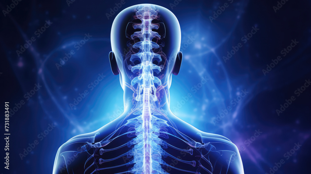 Neck Pain: Glowing illustration of the human spine with pain radiating through nerve endings from spine, merging technology and anatomy for a futuristic healthcare concept. - obrazy, fototapety, plakaty 