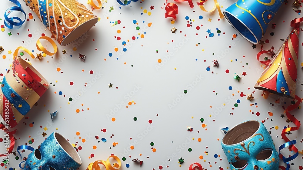 Carnival decoration on a white surface, center is empty, top-down-view. Generative AI. Carnival decoration on a white surface, center is empty, top-down-view. Generative AI.