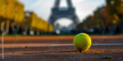 Tennis ball on the ground with the Eiffel Tower in the soft background.