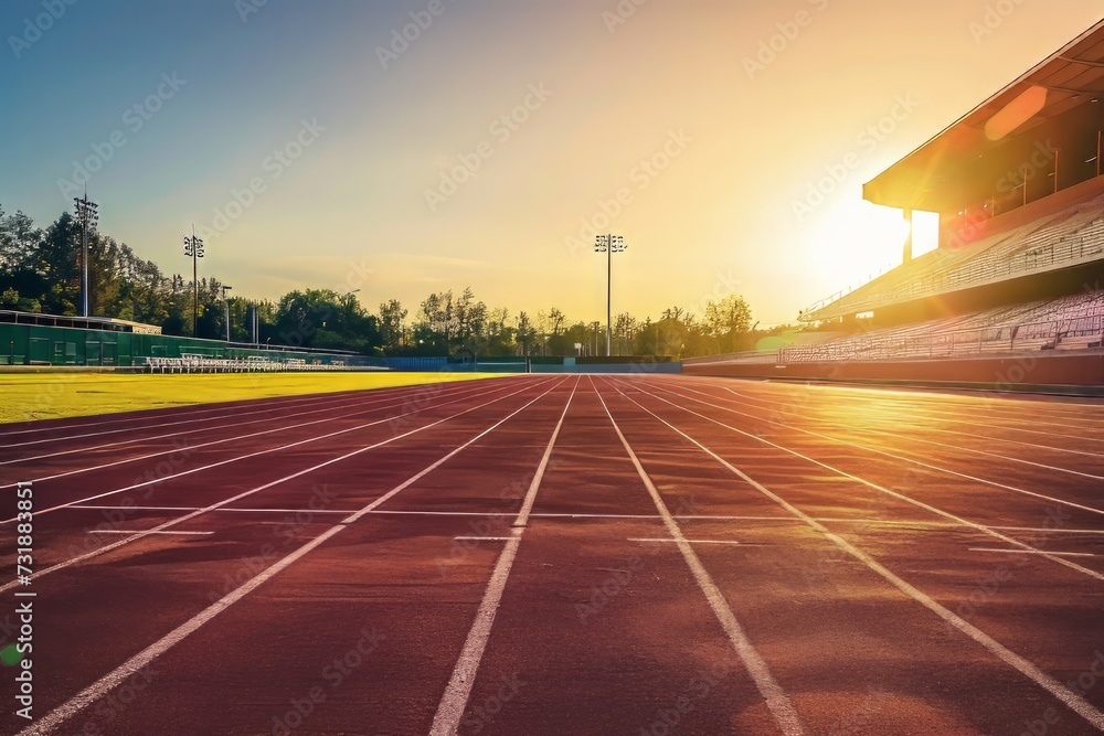 Empty athletics track in a stadium with the sun setting in the background. Empty athletics track in a stadium with the sun setting in the background.