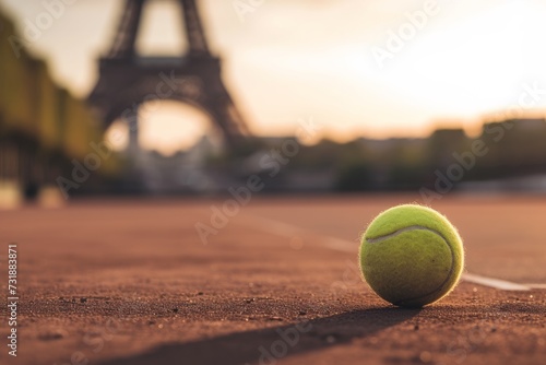 Tennis ball on the ground with the Eiffel Tower in the soft background. © ParinApril