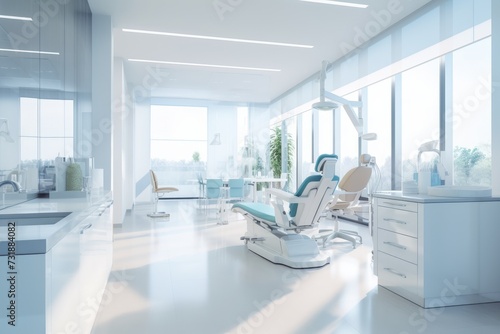 The blurred background of the dental clinic. Dental equipment in the dentist's office in a bright modern clinic. 