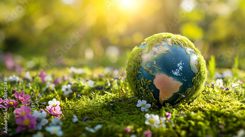 Earth's natural beauty and biodiversity, depicted by a moss-covered globe surrounded by colorful flowers, illuminated by rays of sunlight