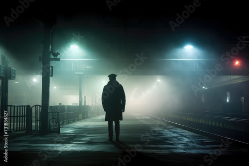 Transport Policeman on misty train platform, ensuring commuter safety with cinematic ambiance."