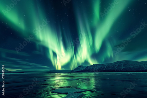 Beautiful green aurora borealis over the mountains with snow at night 