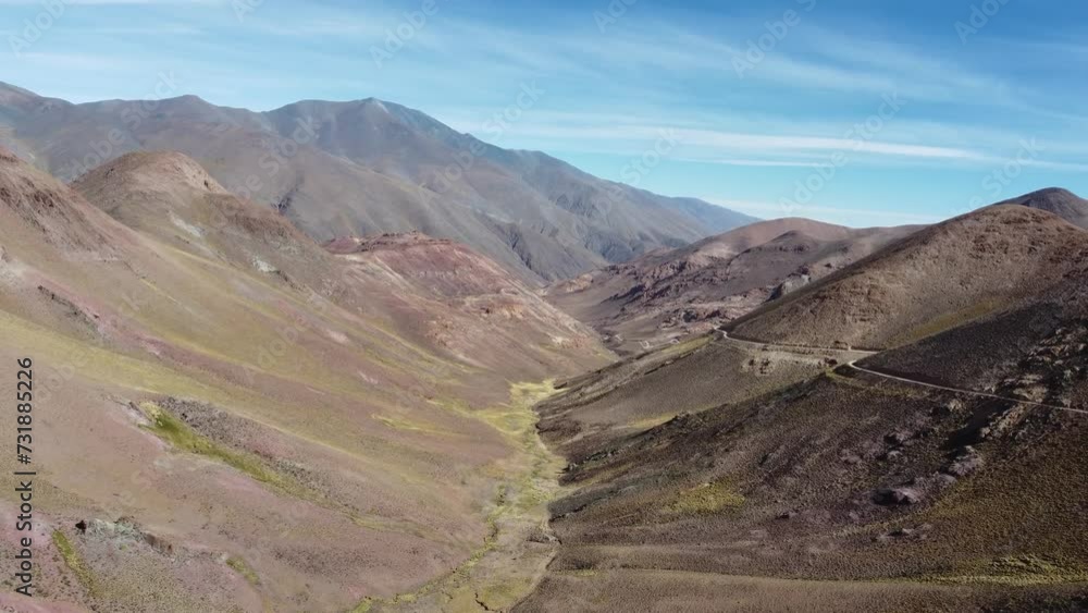 Camera moving slowly down a valley with Multi-color mountains of the Andes mountain range Camera moving slowly down a valley with Multi-color mountains of the Andes mountain range