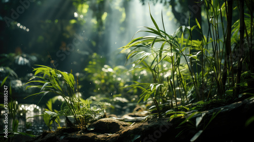 Rainforest background; Verdant rainforest canopy with sunlight filtering through dense bamboo leaves. A lush, vibrant ecosystem teeming with biodiversity and natural beauty.