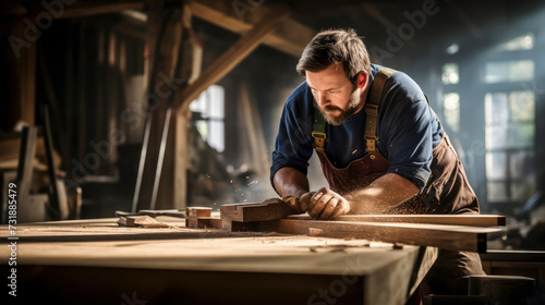 Skilled craftsman shaping wood in a carpenter's workshop, embodying the artistry and dedication of handmade woodworking.