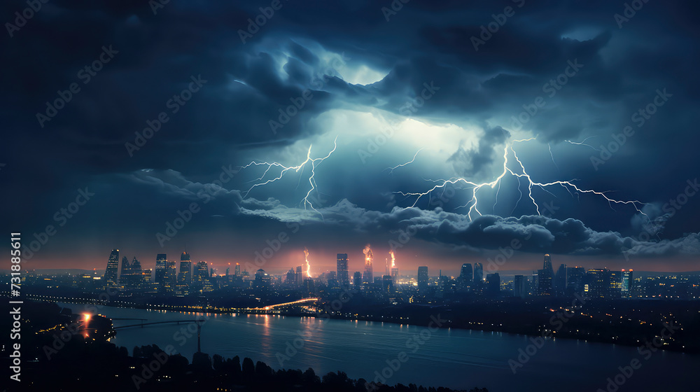 Powerful City Thunderstorm: Amidst the dark night, lightning strikes over the metropolitan skyline, creating a dynamic urban landscape filled with electric energy and atmospheric drama Powerful City Thunderstorm: Amidst the dark night, lightning strikes over the metropolitan skyline, creating a dynamic urban landscape filled with electric energy and atmospheric drama