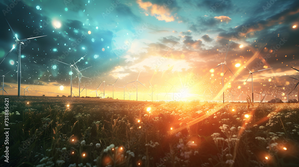 concept idea eco power energy. wind turbine on hill with sunse concept idea eco power energy. wind turbine on hill with sunse